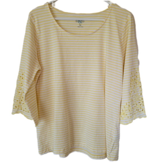 PXL Yellow and White Striped 3/4 Flared Sleeve with Embroidered Detail - Picture 1 of 7